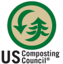 US Composting Council logo featuring a green circular emblem with a stylized tree and a downward arrow, accompanied by the text “US Composting Council.”.