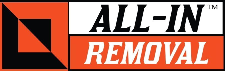 Logo for "All-In Removal" featuring bold black and orange text with a geometric design on the left, inspired by its role as a sustainable organic compost producer in Florida.