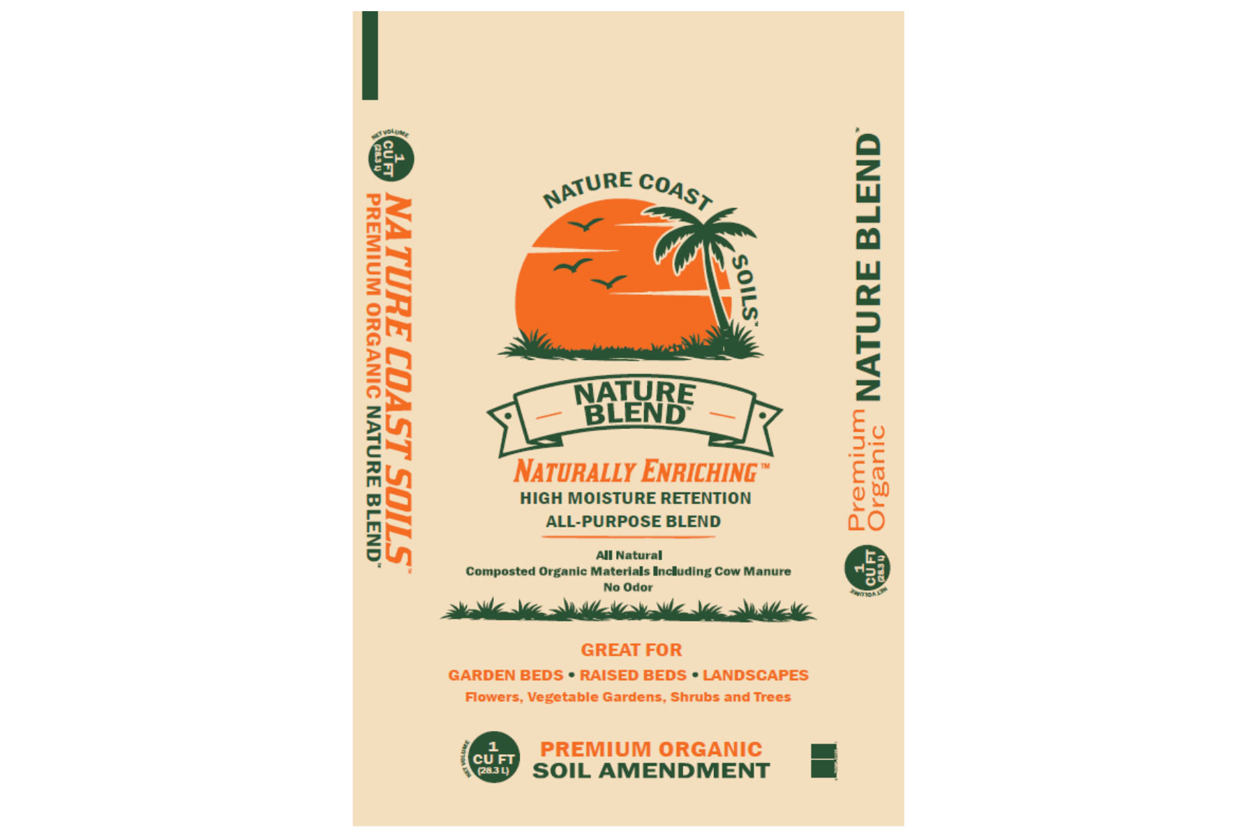 Bag of Nature Coast Soils Nature Blend, an all purpose organic soil amendment Florida gardeners trust for gardens, flower beds, and landscapes, featuring high moisture retention and natural ingredients.