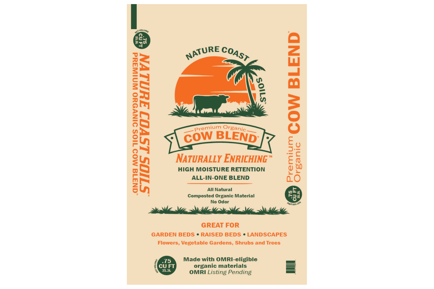 Bag of Nature Coast Soils Premium Organic Cow Blend compost offers high moisture retention and all-natural ingredients—an ideal all purpose organic soil amendment for Florida gardens, beds, and landscapes.