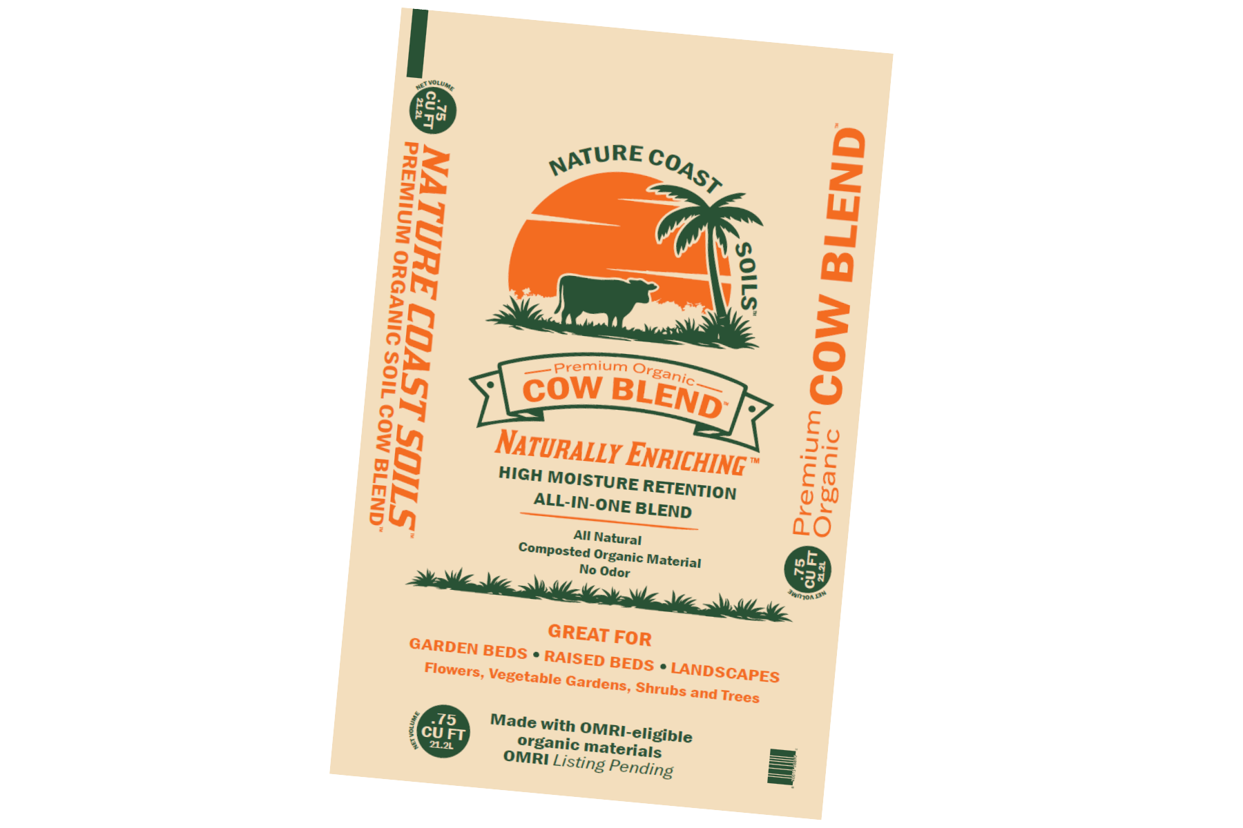 A beige bag labeled "Nature Coast Soils Cow Blend," an all-purpose organic soil amendment, features a cow graphic and text highlighting its use for garden beds, raised beds, and Florida landscapes.