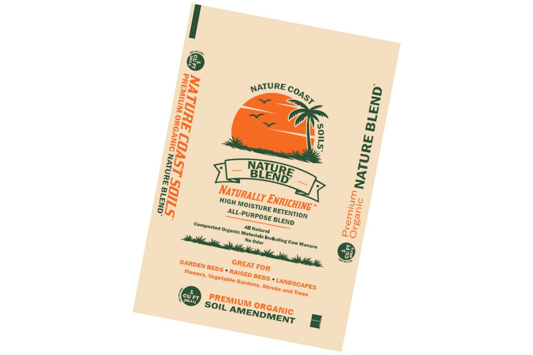 Bag of Nature Coast Soils Nature Blend, an all purpose organic soil amendment Florida gardeners trust, featuring high moisture retention, organic ingredients, and recommended garden uses on the packaging.