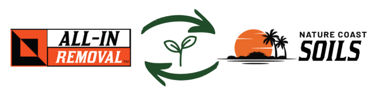 All-In Removal and Nature Coast Soils logos with a recycling symbol and sprouting plant between them, indicating a partnership or sustainable initiative.