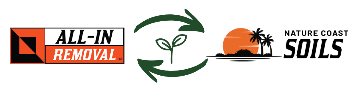 All-In Removal and Nature Coast Soils logos with a recycling symbol and sprouting plant between them, indicating a partnership or sustainable initiative.