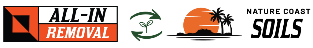 Three logos: All-In Removal (black and orange text), a green plant with recycling arrows, and Nature Coast Soils with a sunset, palm trees, and bold black text.