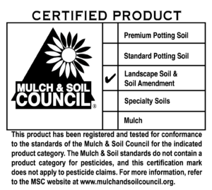 Certification mark for Mulch & Soil Council with a checklist showing "Landscape Soil & Soil Amendment" is certified, highlighting all purpose organic soil amendment Florida; includes pesticide disclaimer and website link.