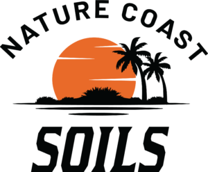 Logo with "Nature Coast Soils" text, featuring an orange sunset, two palm trees, bushes, and water reflections in a minimalist style.
