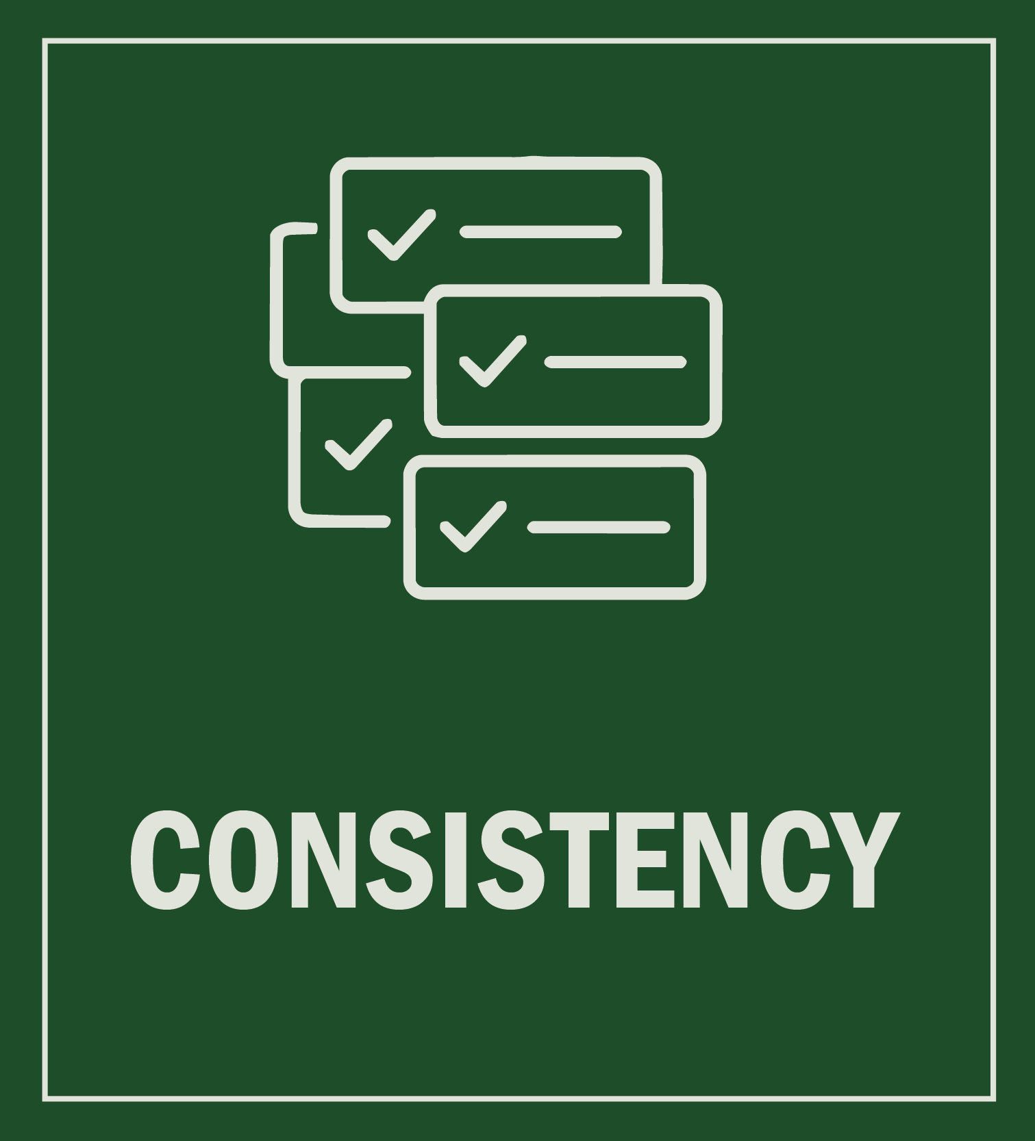White outlined checklists stacked with checkmarks above the word "CONSISTENCY" in bold, all on a dark green background with a thin white border—perfect for an organic soil producer in North Florida emphasizing reliability.