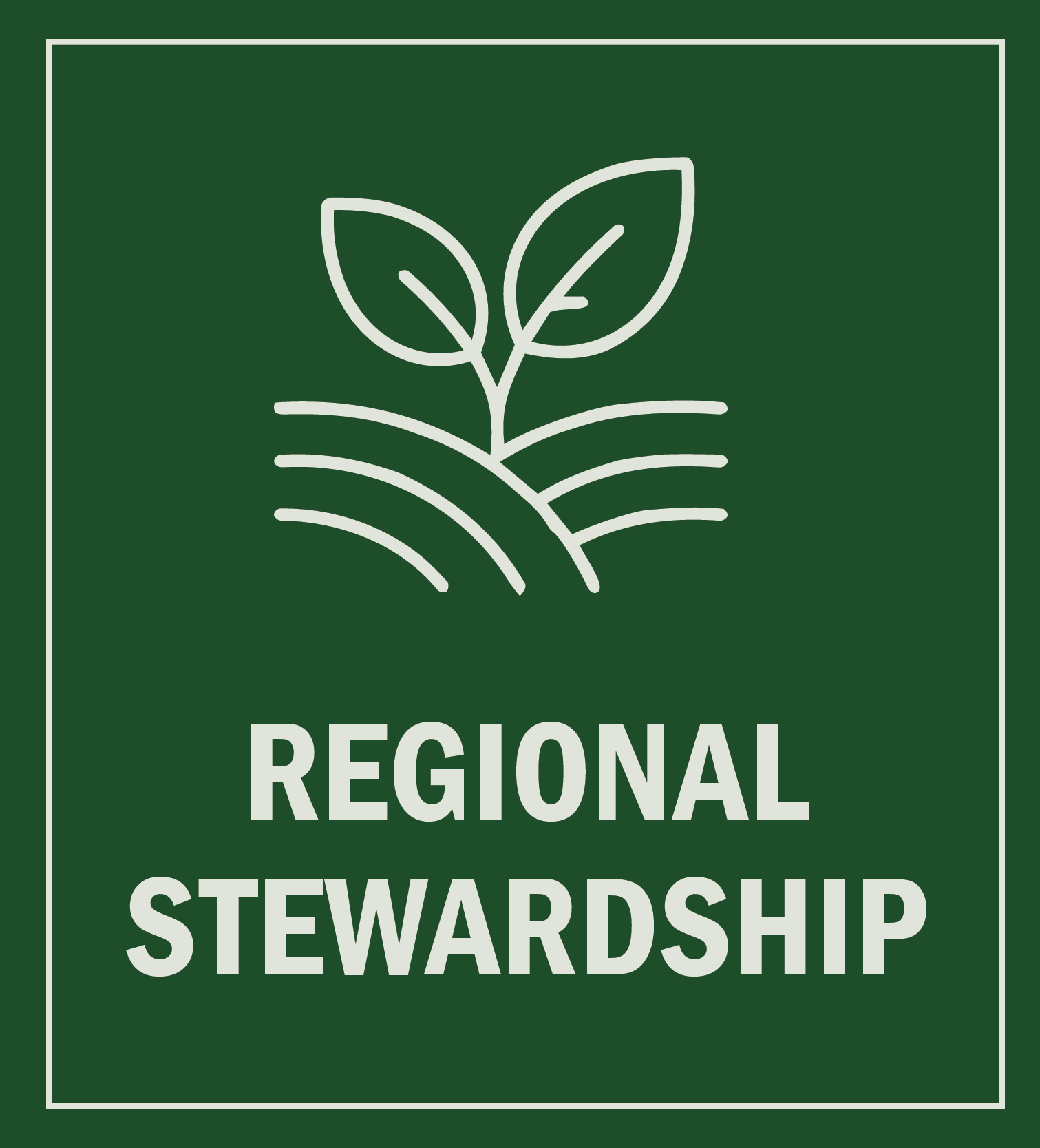 A simple line drawing of two leaves sprouting from curved lines, above the words "Regional Stewardship," highlights an organic soil producer in North Florida—all set against a dark green background.