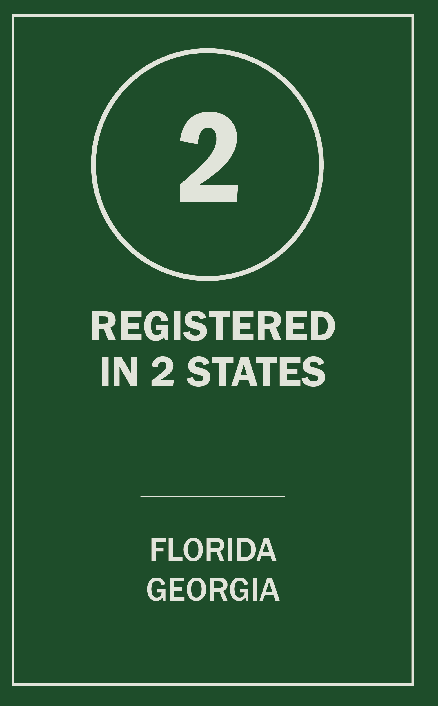 Dark green graphic showing the number 2 in a circle, with text: "Registered in 2 states: Florida, Georgia.