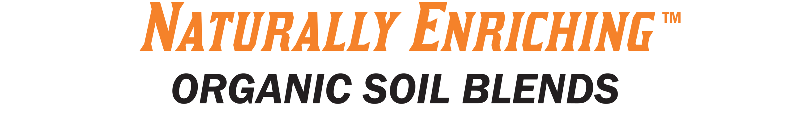 Text reads "Naturally Enriching Organic Soil Blends" in orange and black capital letters on a plain background, reflecting the dedication of a sustainable organic compost producer in Florida.