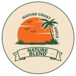 Circular logo with an orange sunset, birds, palm tree, and grass, featuring the text "Nature Coast Soils" and "Nature Blend" on a ribbon banner.