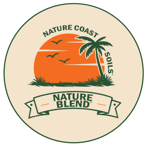 Circular logo with an orange sunset, birds, palm tree, and grass, featuring the text "Nature Coast Soils" and "Nature Blend" on a ribbon banner.